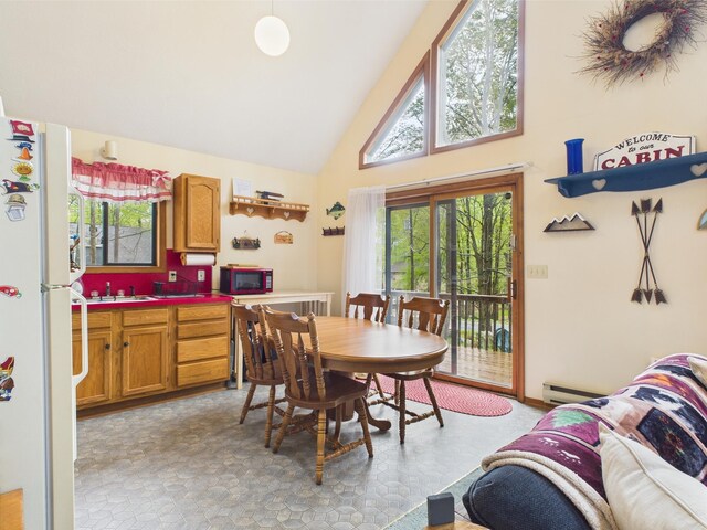 199 Wyomissing Dr, Pocono Lake, PA 18347 - dining area with high vaulted ceiling and a baseboard heating unit