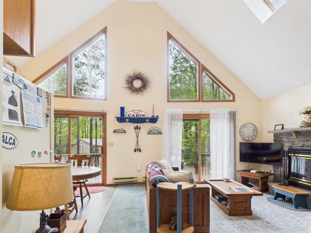 199 Wyomissing Dr, Pocono Lake, PA 18347 - living area with baseboard heating, high vaulted ceiling, healthy amount of natural light, and a fireplace