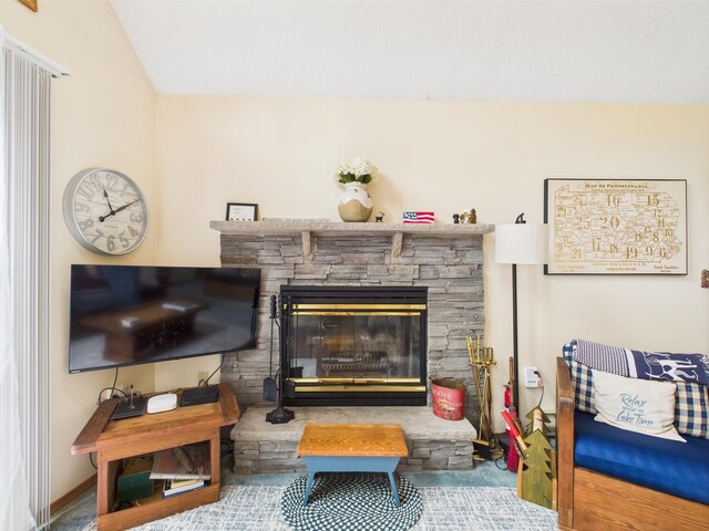 199 Wyomissing Dr, Pocono Lake, PA 18347 - living area with a fireplace and vaulted ceiling