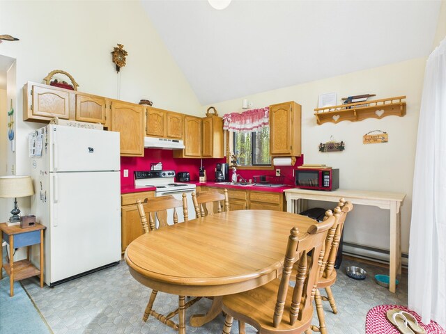 199 Wyomissing Dr, Pocono Lake, PA 18347 - kitchen featuring white appliances, under cabinet range hood, high vaulted ceiling, light floors, and a baseboard radiator