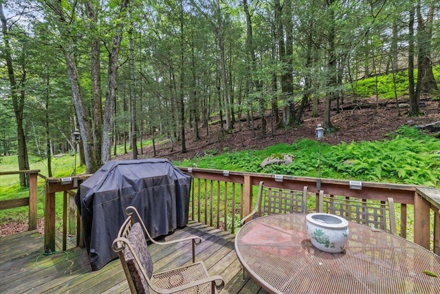 2726 Pocono Cir, Bartonsville, PA 18321 - wooden terrace with a grill and outdoor dining space