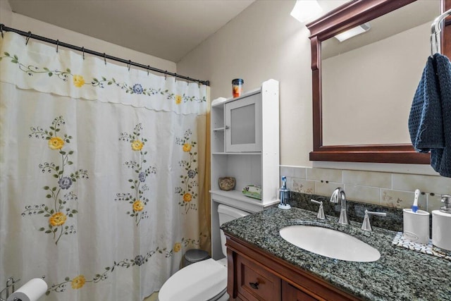 2726 Pocono Cir, Bartonsville, PA 18321 - full bathroom featuring vanity, backsplash, and a shower with shower curtain