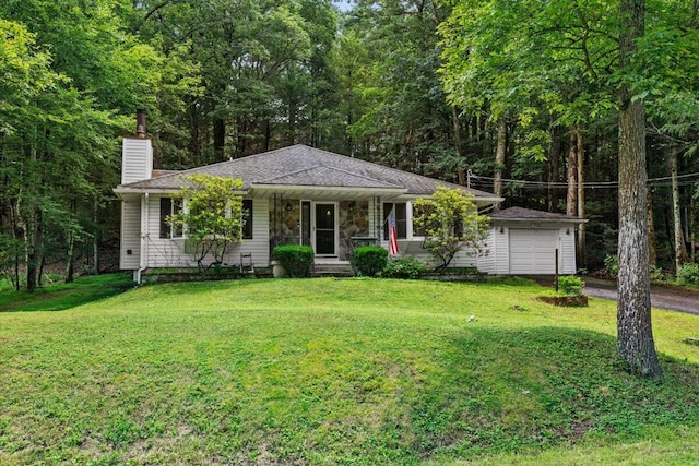 2726 Pocono Cir, Bartonsville, PA 18321 - single story home with a chimney, a porch, driveway, and a front lawn