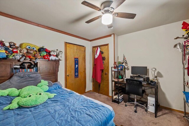 2726 Pocono Cir, Bartonsville, PA 18321 - carpeted bedroom featuring crown molding, a desk, and ceiling fan