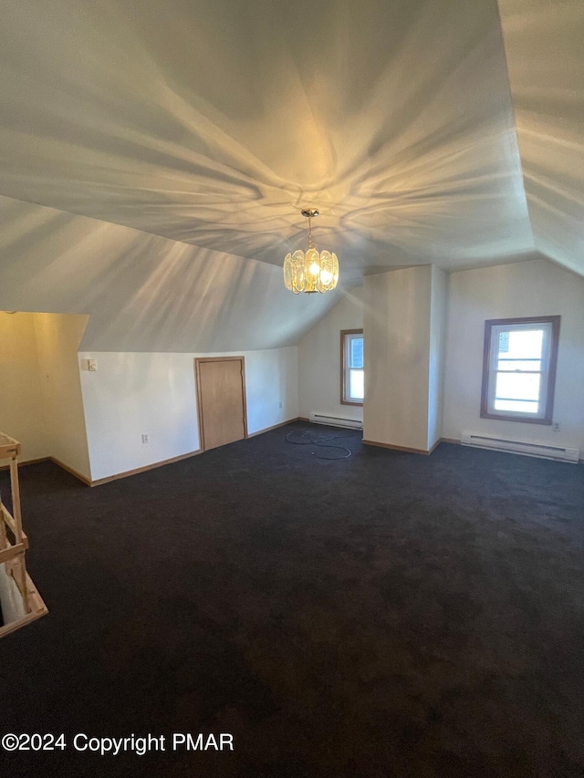 bonus room with a baseboard radiator, vaulted ceiling, baseboard heating, and dark colored carpet