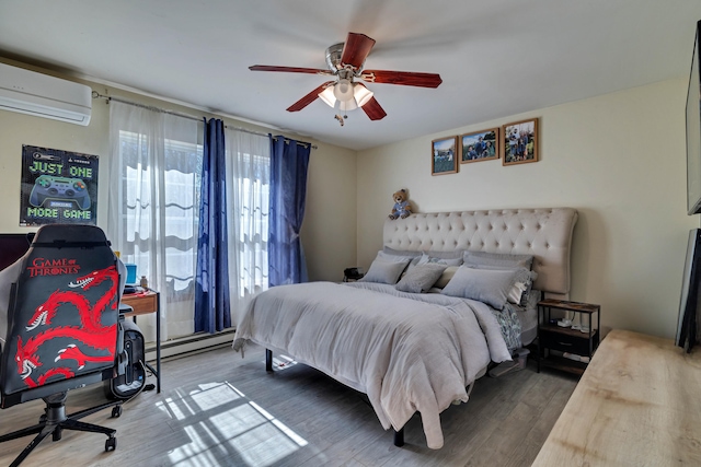 bedroom featuring a ceiling fan, a wall unit AC, wood finished floors, and a baseboard radiator