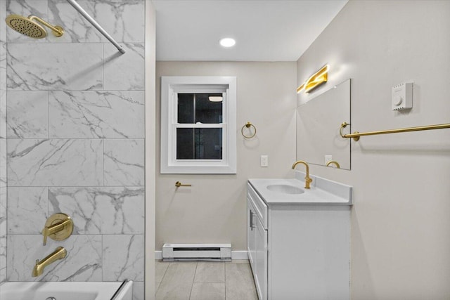 173 Water View Dr, Hawley, PA 18428 - full bathroom with a baseboard radiator, vanity, bathing tub / shower combination, recessed lighting, and tile patterned floors