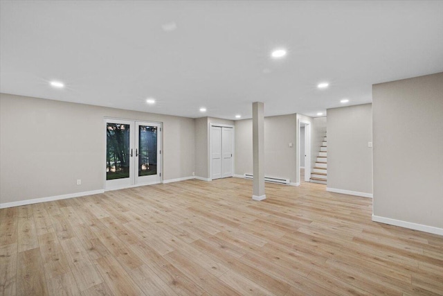 173 Water View Dr, Hawley, PA 18428 - finished basement with recessed lighting, baseboard heating, light wood-type flooring, and stairs