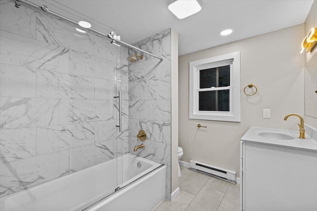 173 Water View Dr, Hawley, PA 18428 - bathroom featuring baseboard heating, vanity, bathtub / shower combination, recessed lighting, and tile patterned floors