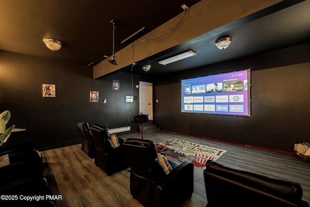 home theater room with wood-type flooring