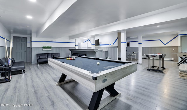 game room with pool table, wainscoting, recessed lighting, and wood finished floors