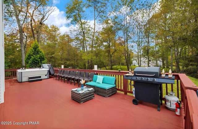 exterior space featuring an outdoor hangout area, a deck, grilling area, and a bar