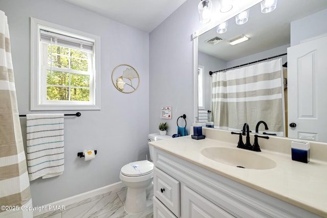full bathroom featuring visible vents, baseboards, toilet, marble finish floor, and vanity