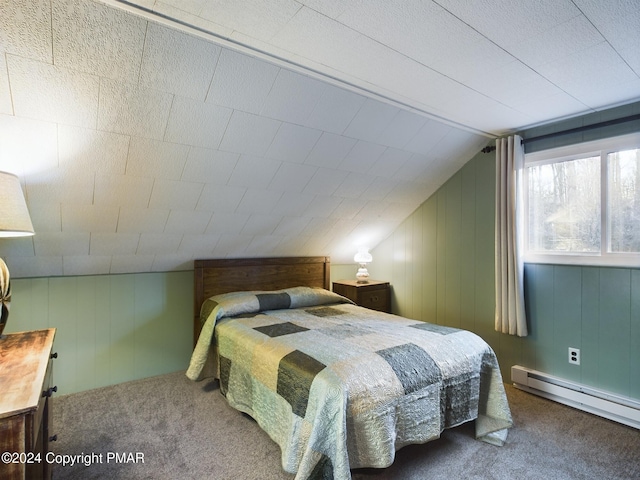 carpeted bedroom featuring a baseboard radiator, vaulted ceiling, and wooden walls