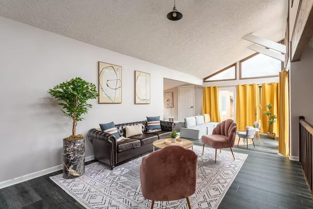 living room featuring lofted ceiling, wood finished floors, baseboards, and a textured ceiling