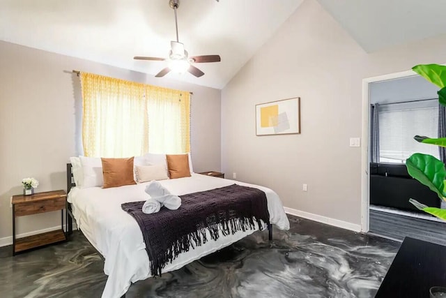 bedroom with baseboards, ceiling fan, and vaulted ceiling