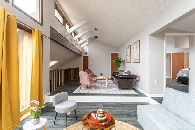 interior space featuring baseboards, a textured ceiling, wood finished floors, and vaulted ceiling