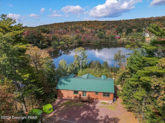 aerial view with a water view and a view of trees