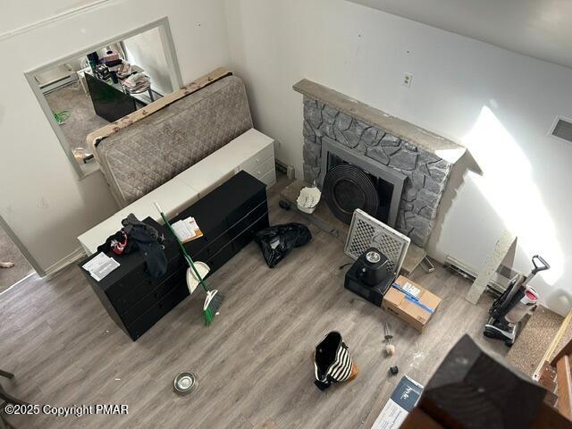 living room with a stone fireplace and hardwood / wood-style floors