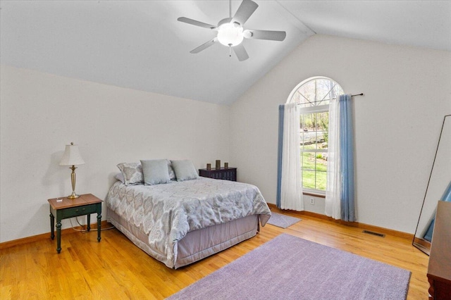 250 Grouse Run, Cresco, PA 18326 - bedroom with wood finished floors, lofted ceiling, baseboards, and a ceiling fan