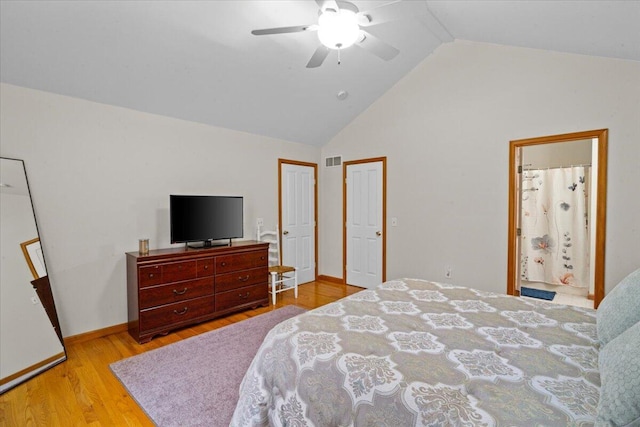 250 Grouse Run, Cresco, PA 18326 - bedroom with wood finished floors, high vaulted ceiling, baseboards, and a ceiling fan
