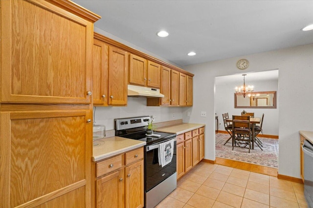 250 Grouse Run, Cresco, PA 18326 - kitchen with appliances with stainless steel finishes, under cabinet range hood, light countertops, light tile patterned floors, and recessed lighting