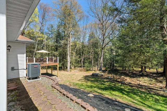 250 Grouse Run, Cresco, PA 18326 - view of green lawn featuring a wooden deck and central air condition unit