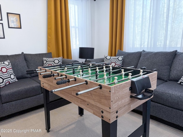 recreation room with a wealth of natural light and carpet flooring