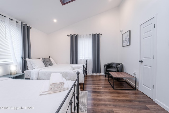 bedroom featuring baseboards, vaulted ceiling, dark wood finished floors, and recessed lighting