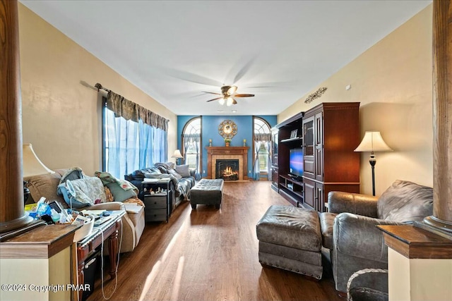 living area featuring a healthy amount of sunlight, ceiling fan, dark wood finished floors, and a lit fireplace