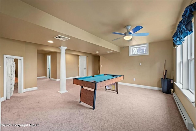 game room with a baseboard heating unit, carpet, billiards, and baseboards