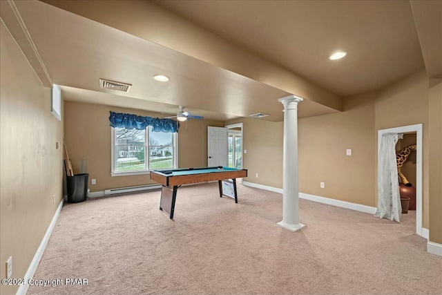 playroom featuring ornate columns, baseboards, a baseboard heating unit, and light colored carpet