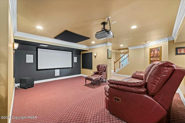 cinema with carpet, baseboards, and recessed lighting