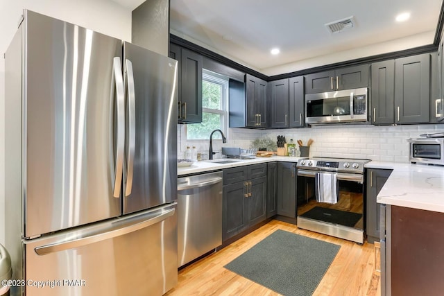 kitchen with stainless steel appliances, light wood-type flooring, visible vents, and a sink