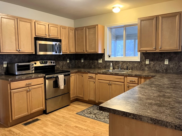 kitchen with stainless steel appliances, light wood finished floors, backsplash, and a sink