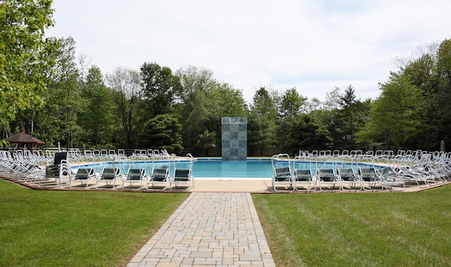 pool featuring a yard and a patio area