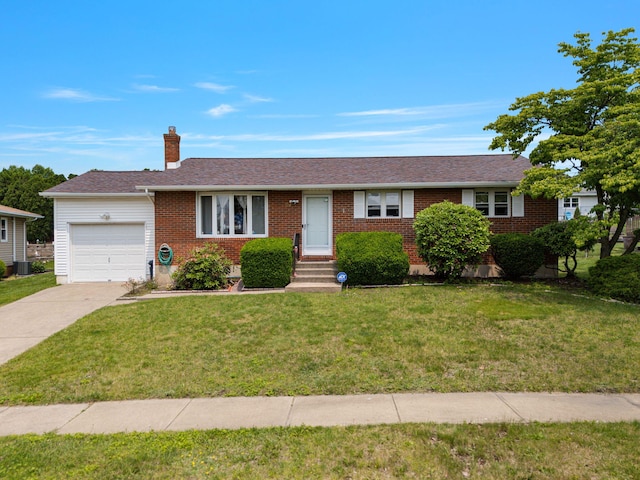 94 Brader Dr, Wilkes Barre, PA 18705 - ranch-style home with an attached garage, a chimney, driveway, a front lawn, and brick siding