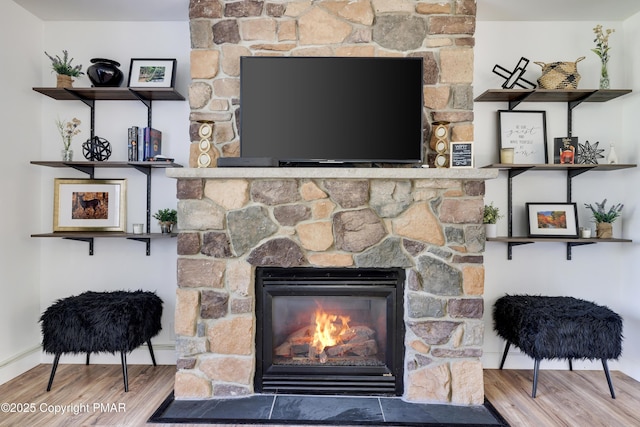 interior details with hardwood / wood-style flooring and a fireplace