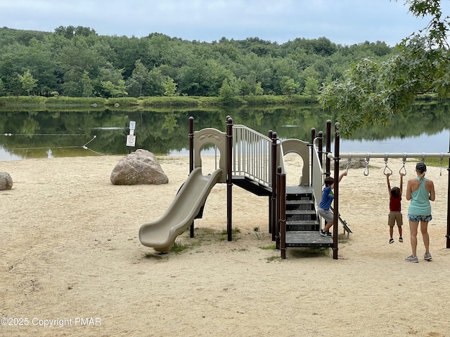 view of play area featuring a water view