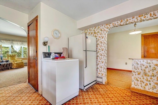 207 Scenic Dr, Kunkletown, PA 18058 - kitchen featuring washer / clothes dryer, carpet floors, freestanding refrigerator, and a baseboard heating unit