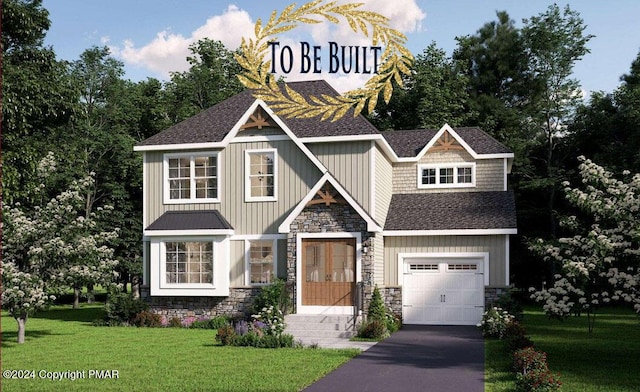 craftsman-style house with stone siding, aphalt driveway, a front yard, and a shingled roof