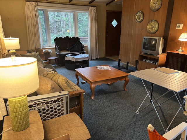 200 Onocop Dr, Pocono Lake, PA 18347 - carpeted living room featuring wood walls