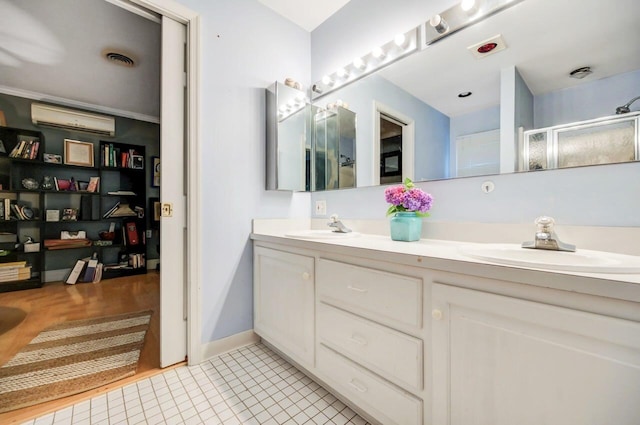 938 Meadow Cir, Bethlehem, PA 18017 - bathroom featuring an AC wall unit, double vanity, tile patterned floors, and an enclosed shower