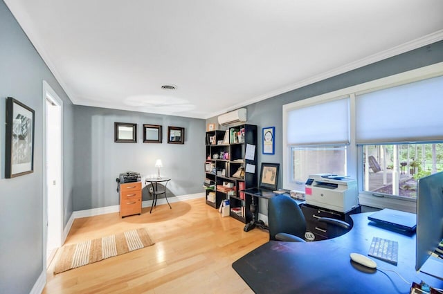 938 Meadow Cir, Bethlehem, PA 18017 - office area featuring wood finished floors, crown molding, and a wall mounted air conditioner
