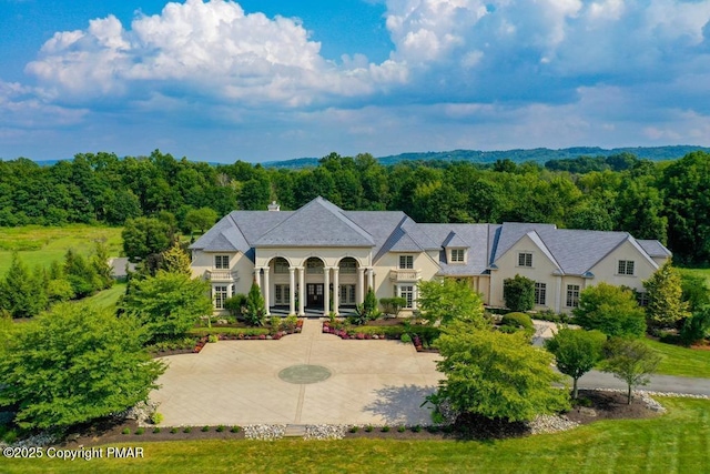 view of front of property featuring a forest view and concrete driveway