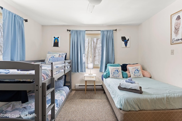 carpeted bedroom with a baseboard heating unit