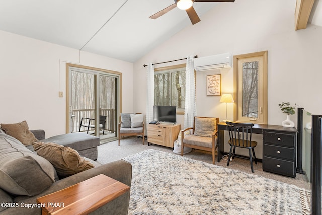 carpeted living area featuring lofted ceiling with beams, a ceiling fan, and an AC wall unit