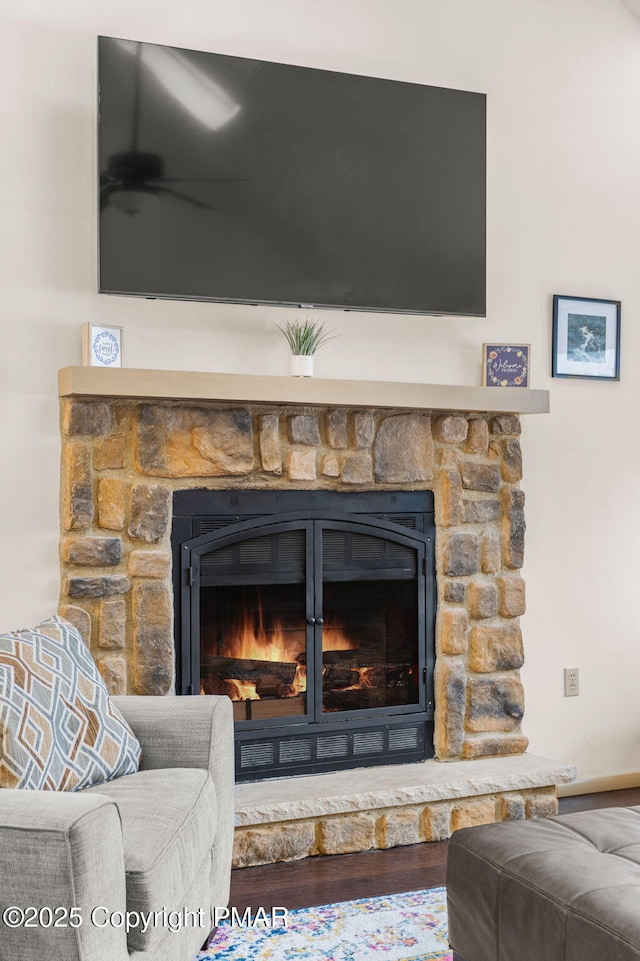 interior details featuring a stone fireplace and wood finished floors