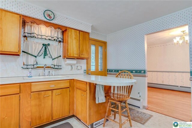 829 E Main St, Weatherly, PA 18255 - kitchen with wallpapered walls, a baseboard heating unit, a sink, ornamental molding, and light countertops