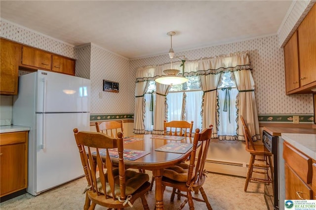 829 E Main St, Weatherly, PA 18255 - dining space with wallpapered walls, a baseboard heating unit, and ornamental molding